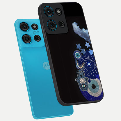 Galactic Charm Cluster Glass Case displayed in angled mockup highlighting luminous galaxy inspired design with dreamy aesthetic.