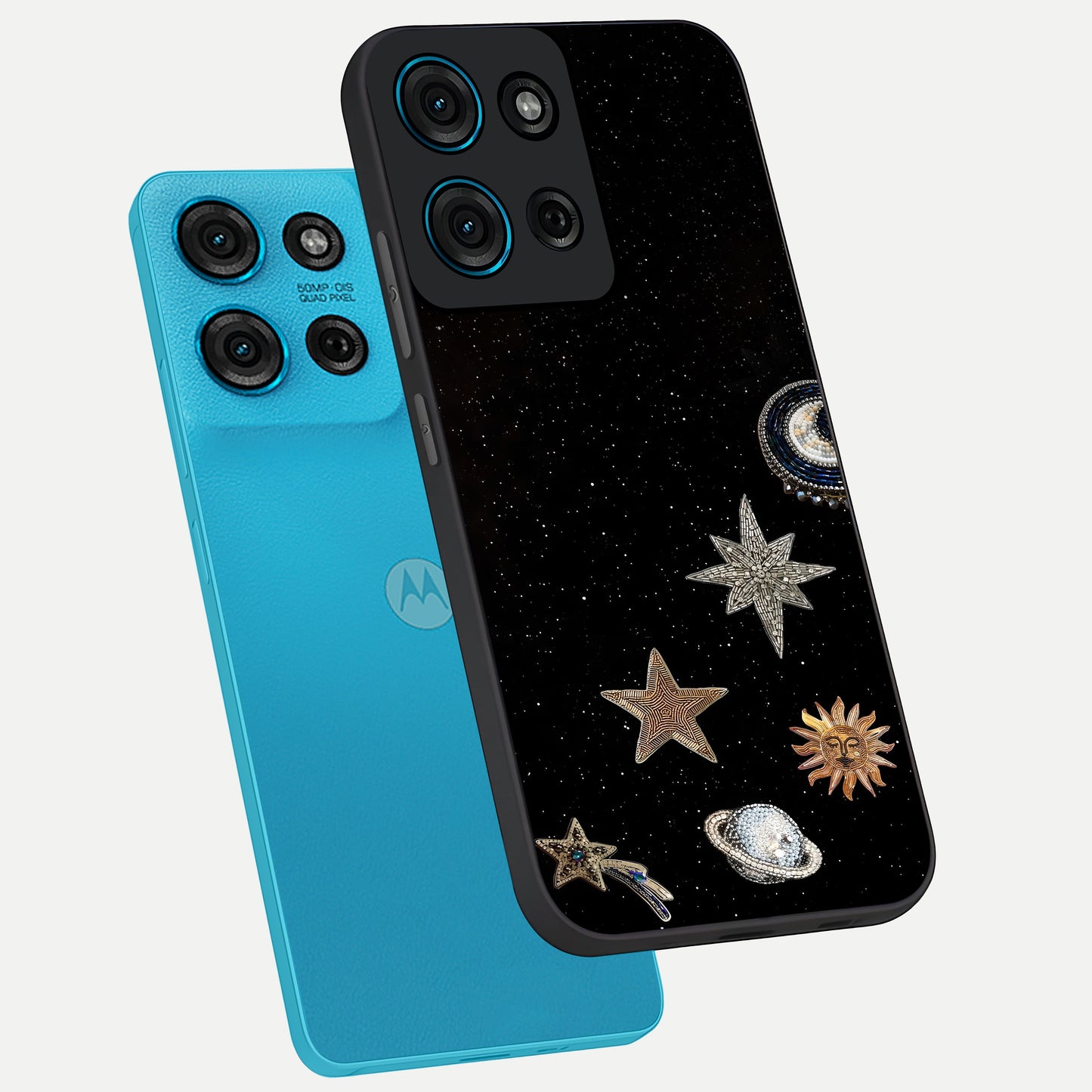 Galactic Charm Glow Glass Case displayed in angled mockup highlighting luminous galaxy inspired design with dreamy aesthetic.
