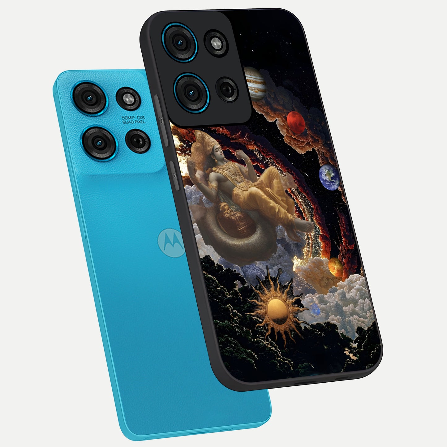 Galactic Divine God Glass Case displayed in angled mockup highlighting powerful celestial deity illustration with galactic aesthetic.