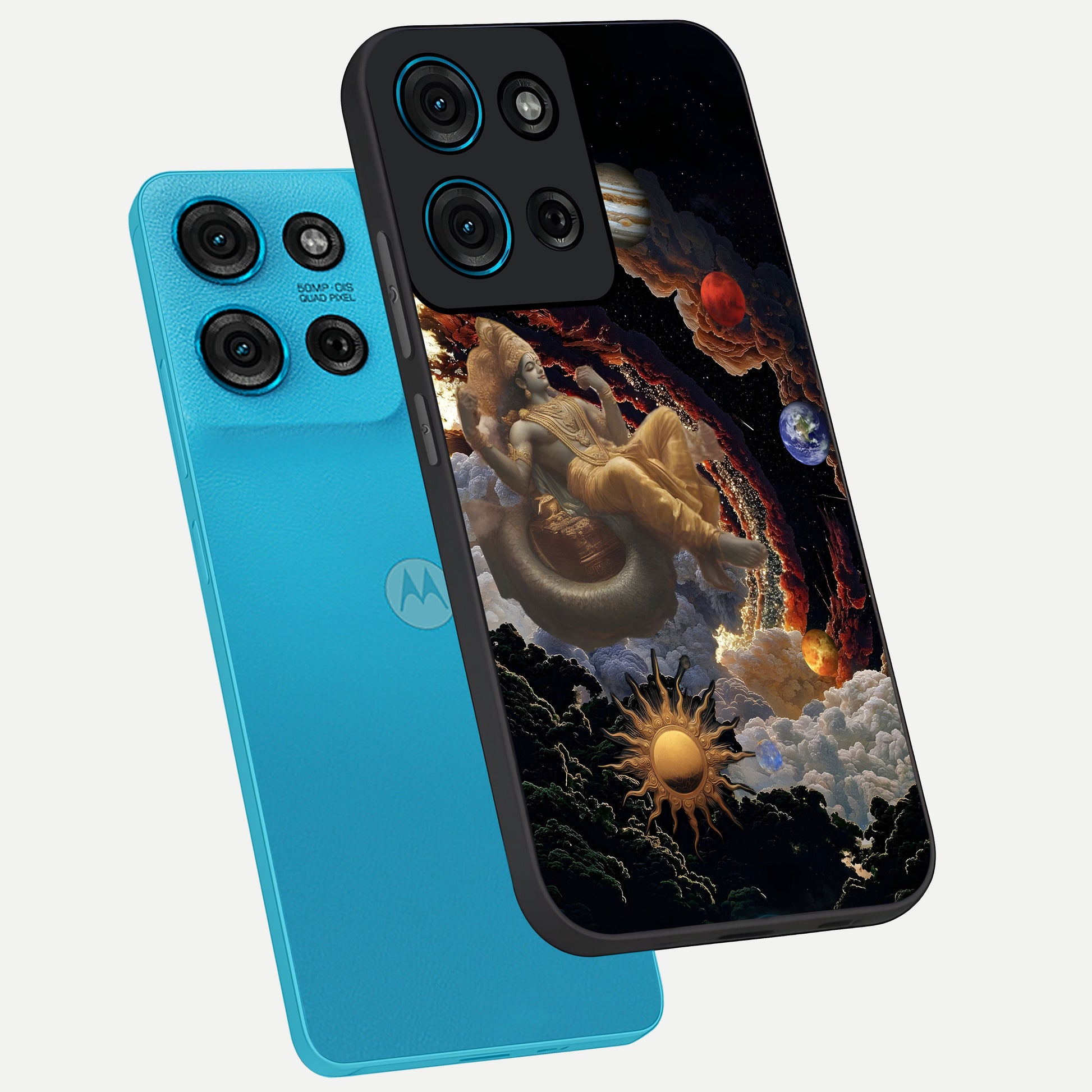 Galactic Divine God Glass Case displayed in angled mockup highlighting powerful celestial deity illustration with galactic aesthetic.