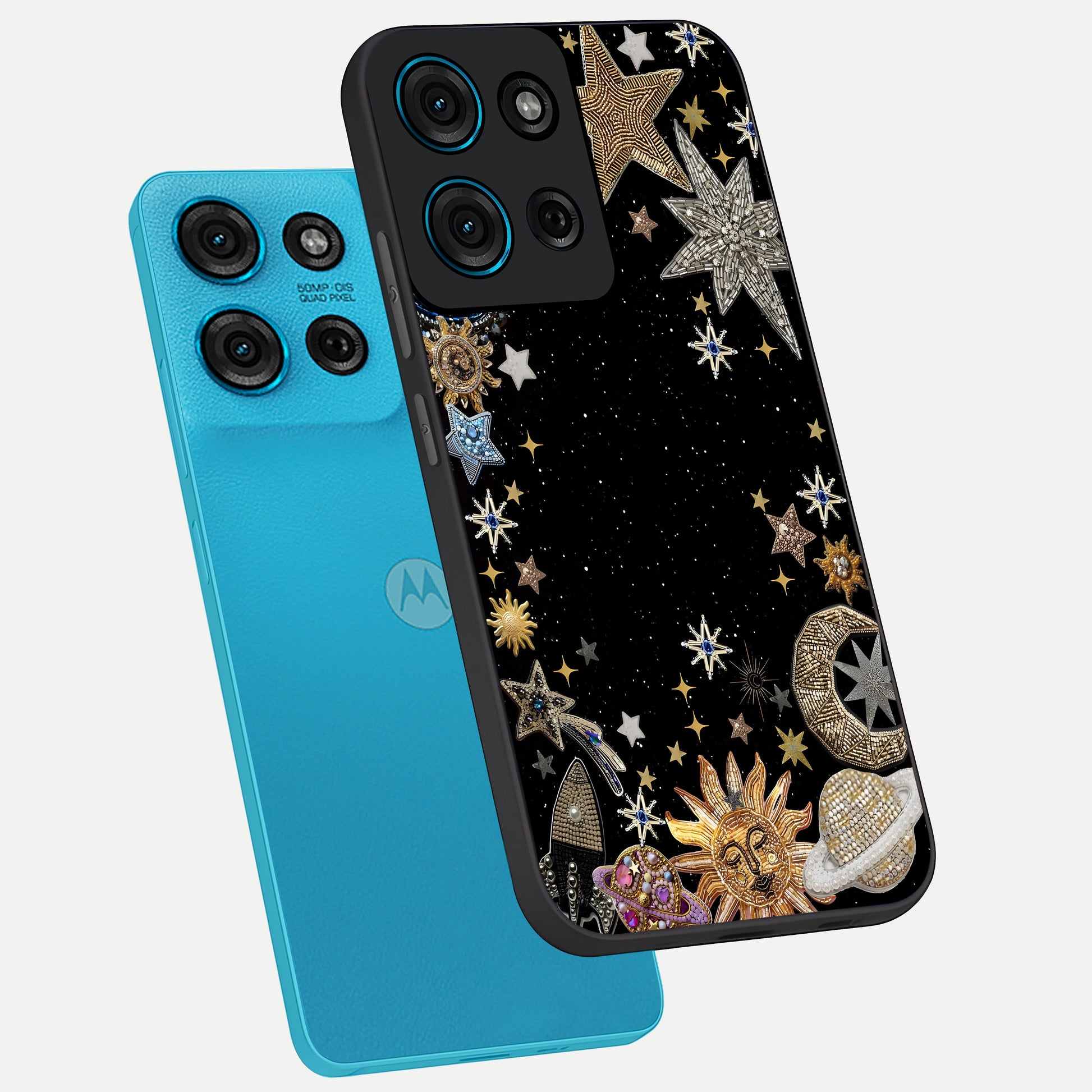 Galactic Jewel Stars Glass Case displayed in angled mockup highlighting shining celestial star design with cosmic aesthetic style.