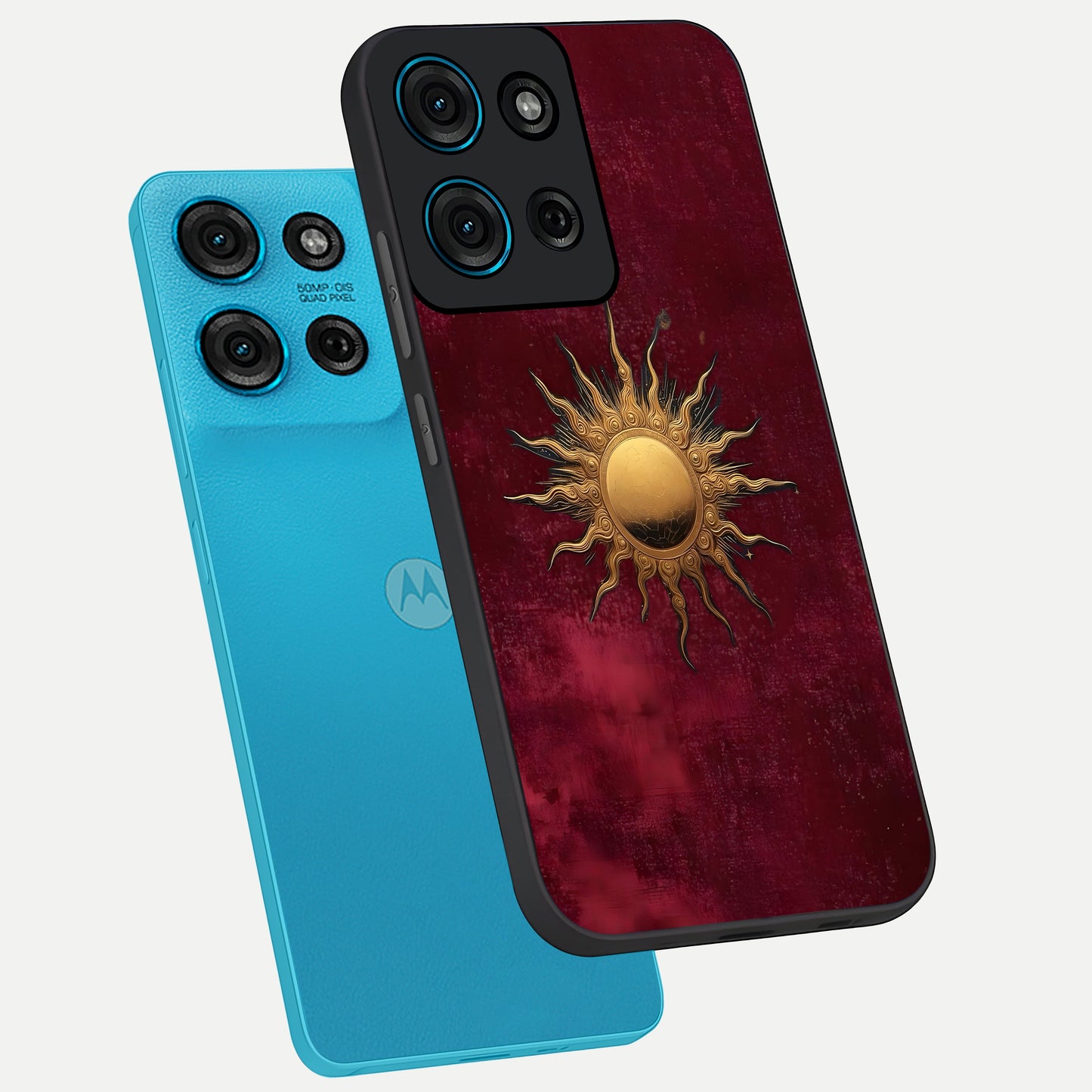 Golden Sun Minimalism Glass Case displayed in angled mockup highlighting clean sun symbol design with modern minimal aesthetic.