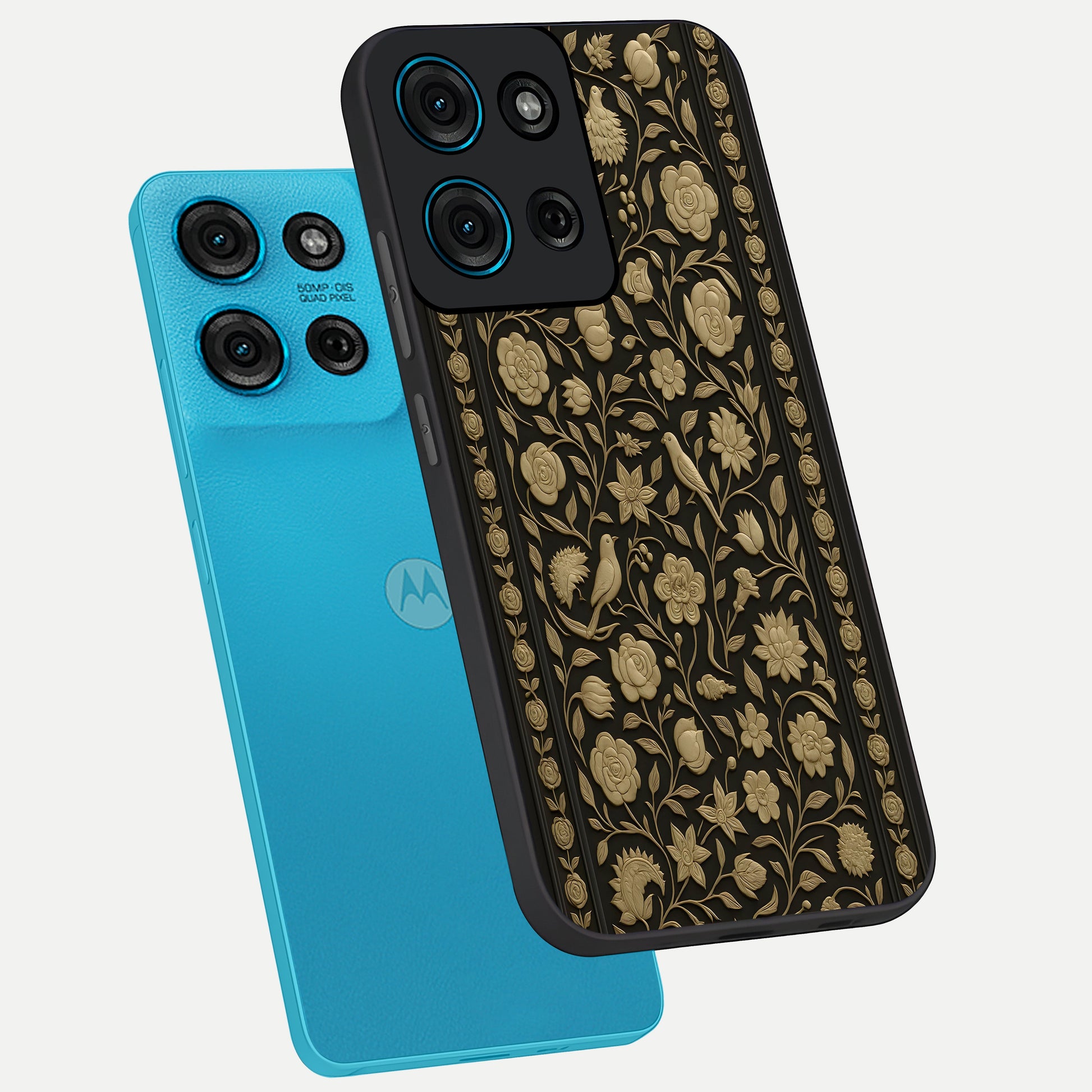 Golden Evil Eye Mandala Glass Case displayed in angled mockup highlighting protective evil eye symbol with golden mandala design.
