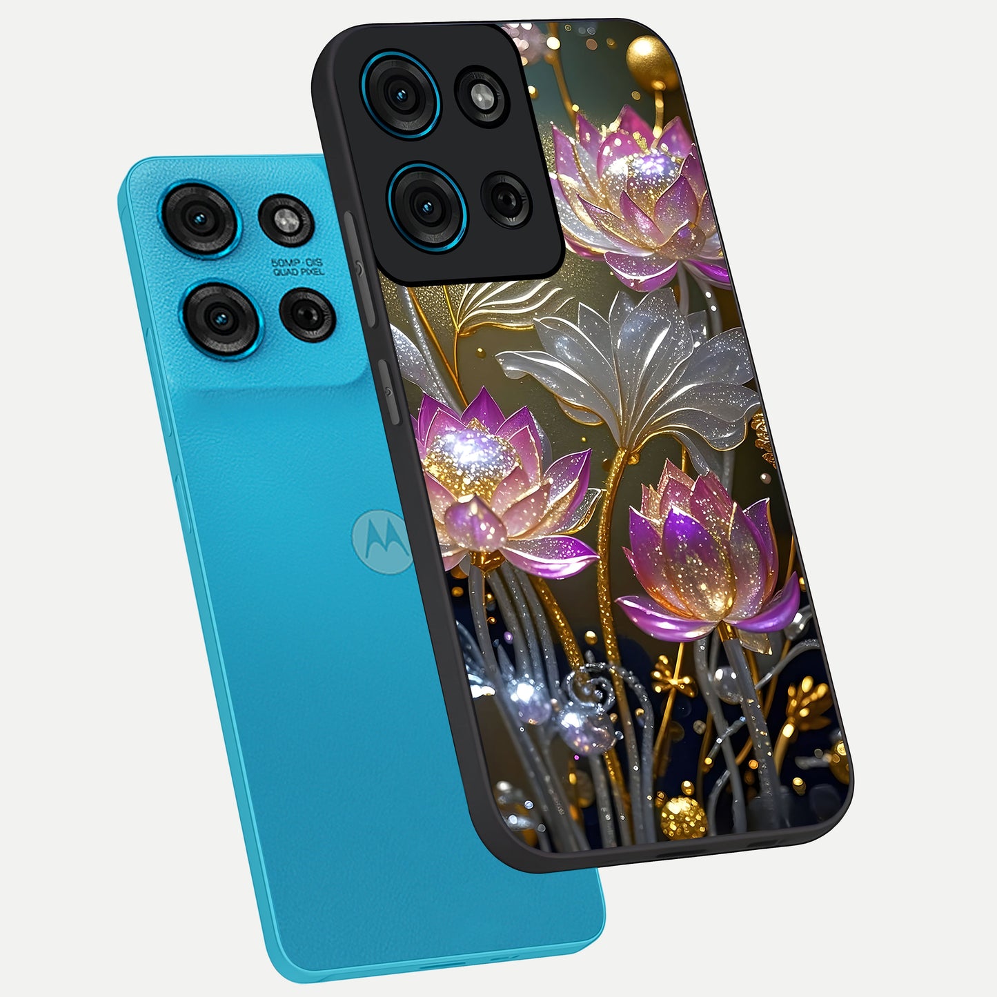 Golden Floral Majesty Glass Case displayed in angled mockup highlighting elegant flower design with royal golden aesthetic.