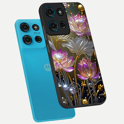 Golden Floral Majesty Glass Case displayed in angled mockup highlighting elegant flower design with royal golden aesthetic.