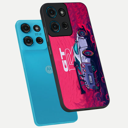 GT-R Car Pattern Glass Case displayed in angled mockup highlighting racing car graphic design with bold automotive aesthetic.