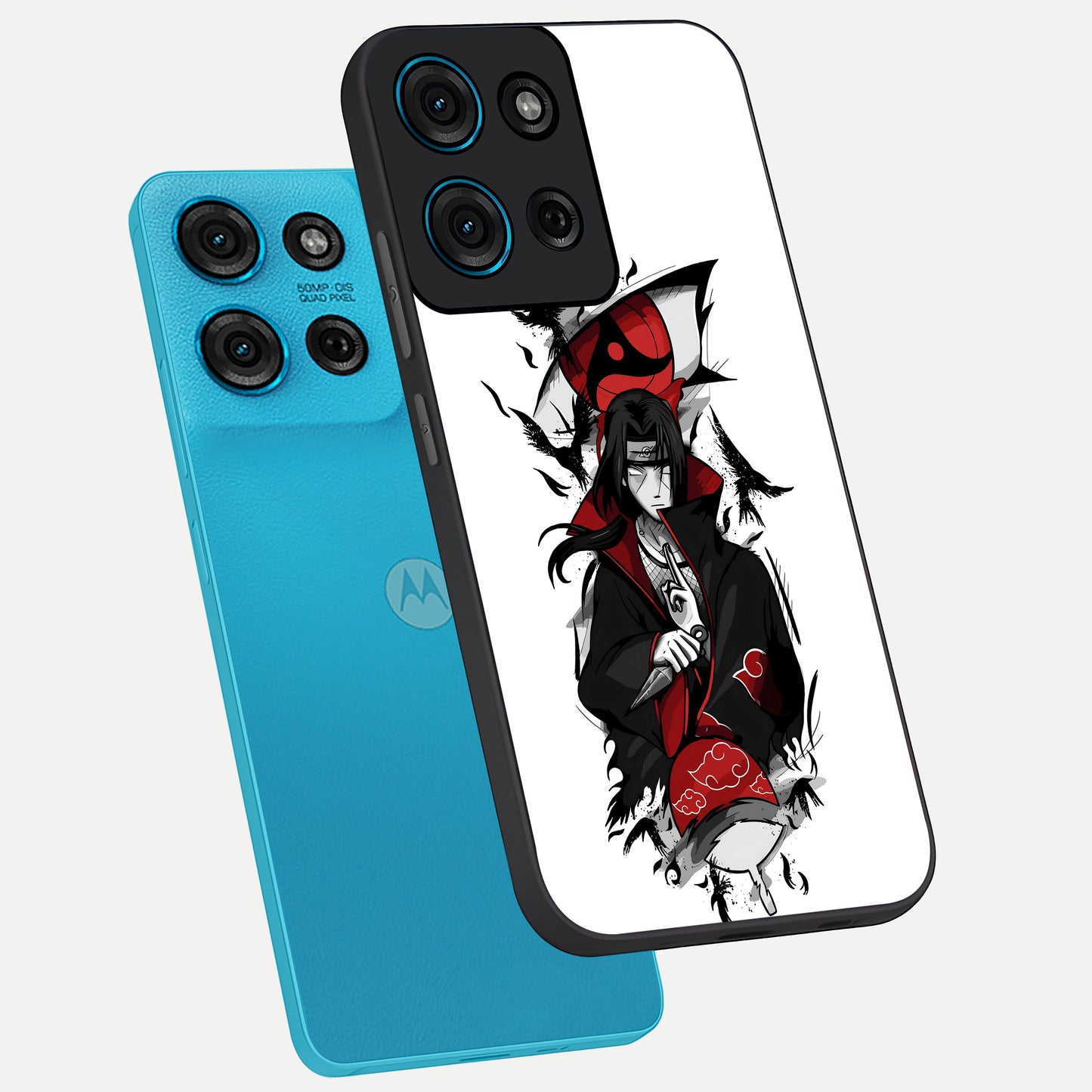 Itachi Limited Edition Naruto Anime Glass Case displayed in angled mockup highlighting dramatic anime illustration with bold action aesthetic.