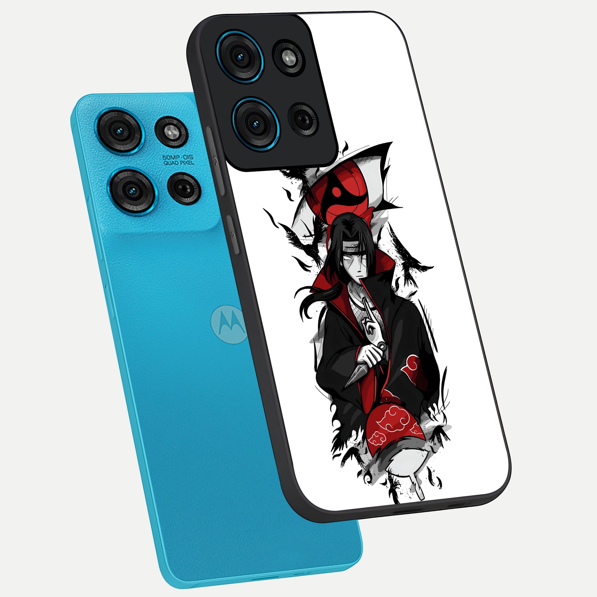 Itachi Limited Edition Naruto Anime Glass Case displayed in angled mockup highlighting dramatic anime illustration with bold action aesthetic.