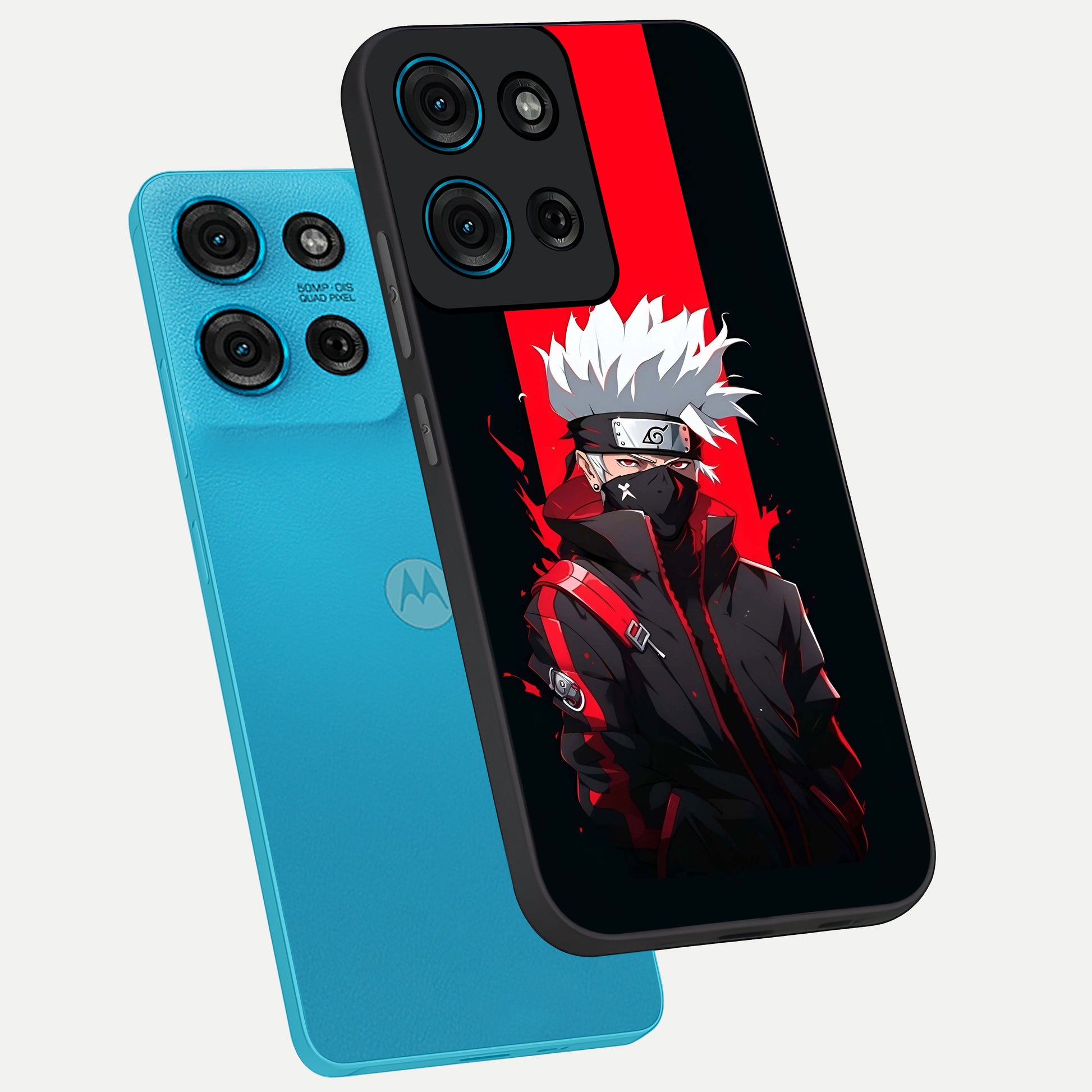 Kakashi Scarlet Shadow Glass Case displayed in angled mockup highlighting dramatic ninja illustration with scarlet themed aesthetic.