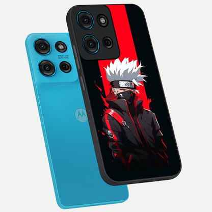 Kakashi Scarlet Shadow Glass Case displayed in angled mockup highlighting dramatic ninja illustration with scarlet themed aesthetic.