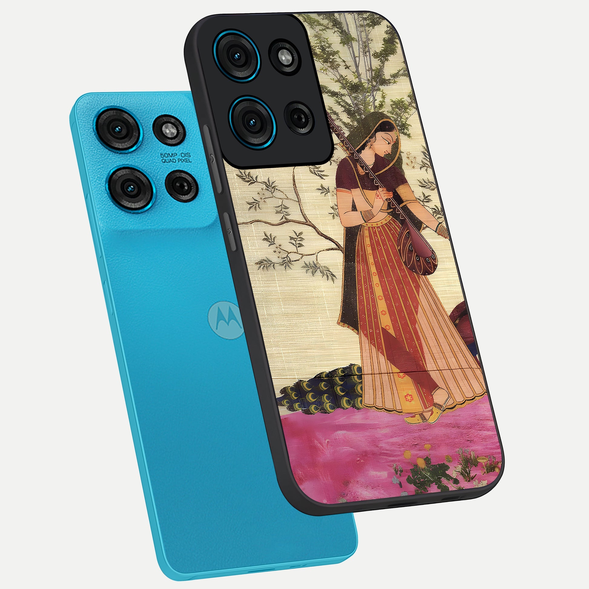 Lady With Veena Art Glass Case displayed in angled mockup highlighting graceful musical illustration with cultural artistic aesthetic.