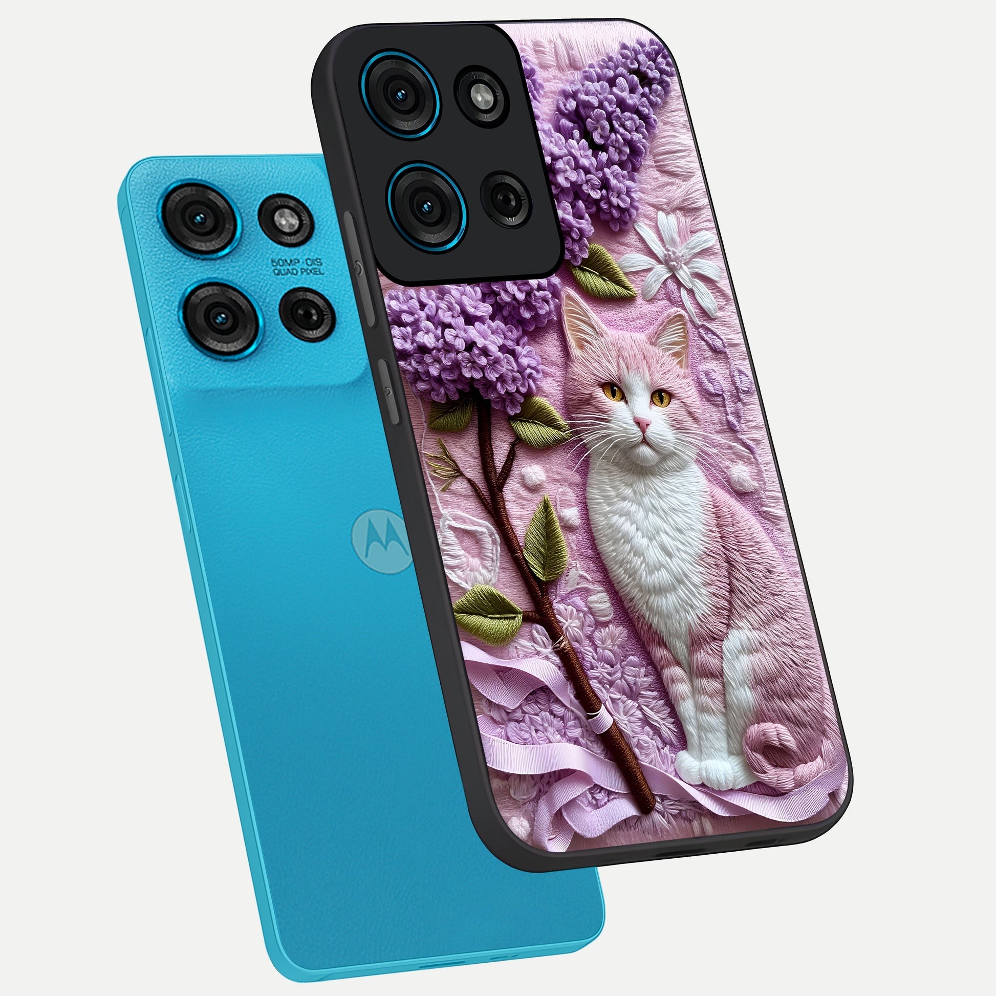 Lavender Cat Whimsy Glass Case displayed in angled mockup highlighting playful feline illustration with pastel lavender aesthetic.