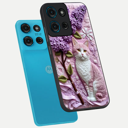 Lavender Cat Whimsy Glass Case displayed in angled mockup highlighting playful feline illustration with pastel lavender aesthetic.