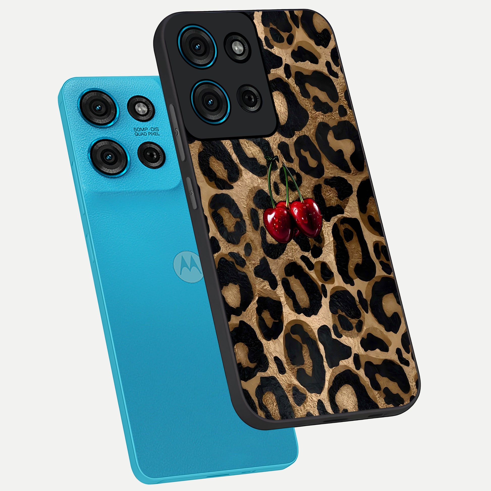 Leopard Wild Cherry Glass Case displayed in angled mockup highlighting bold animal print design with playful cherry aesthetic.