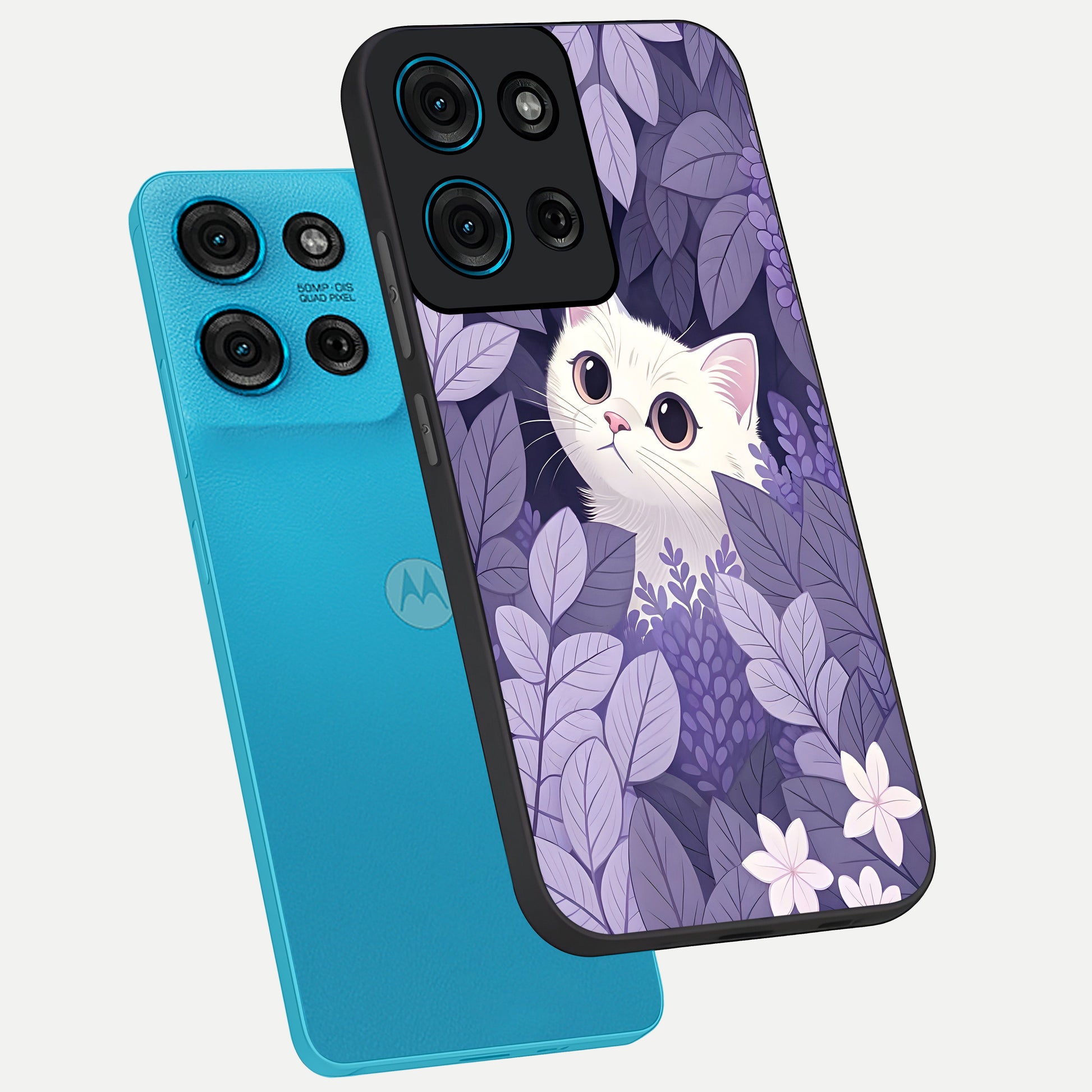 Lilac Hide Peek Cat Glass Case displayed in angled mockup highlighting playful feline illustration with lilac aesthetic design.