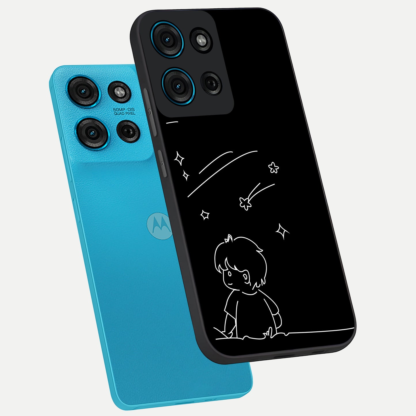 Line Art Boy With Shooting Stars Glass Case displayed in angled mockup highlighting elegant line art design with dreamy star aesthetic.
