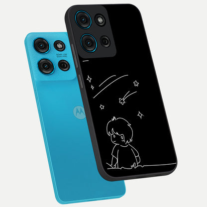 Line Art Boy With Shooting Stars Glass Case displayed in angled mockup highlighting elegant line art design with dreamy star aesthetic.