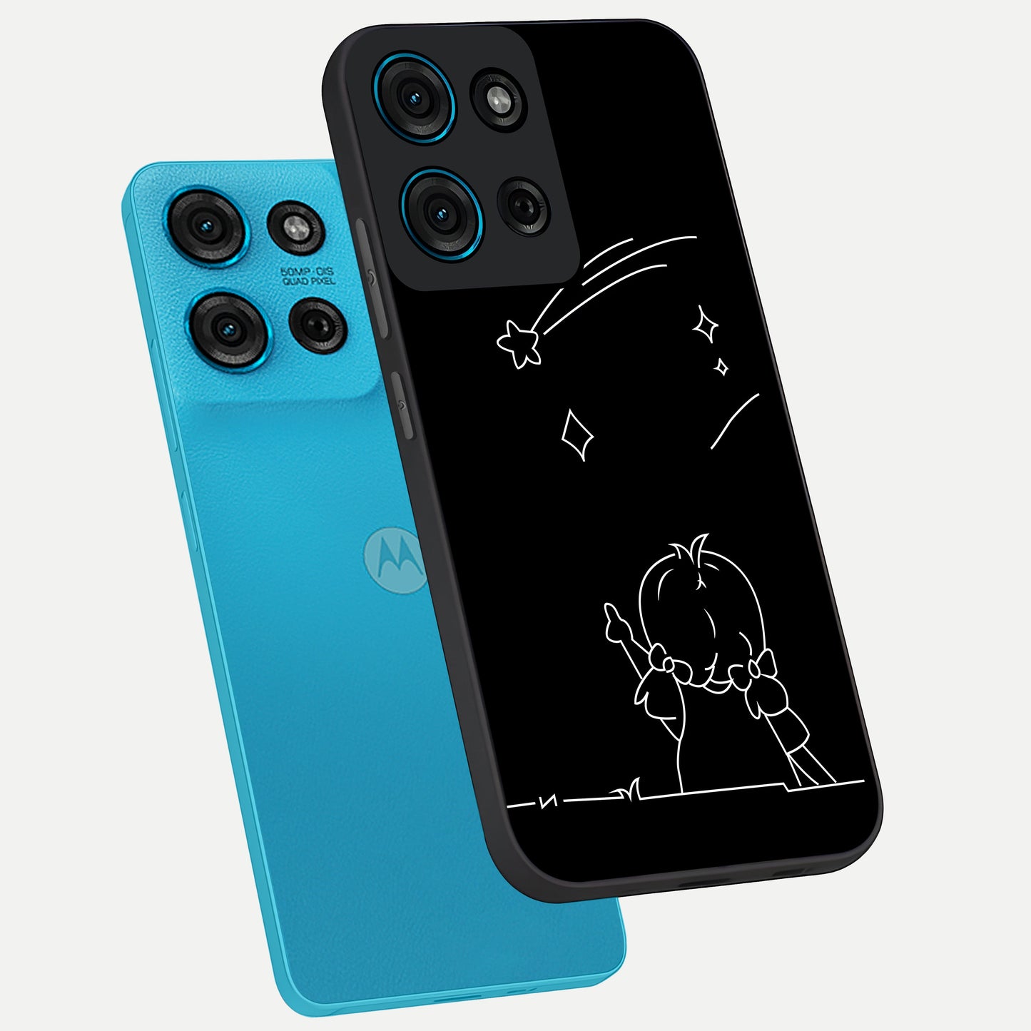 Line Art Girl With Shooting Stars Glass Case displayed in angled mockup highlighting elegant line art design with dreamy star aesthetic.