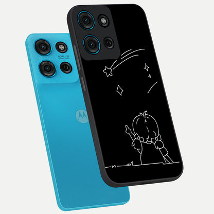 Line Art Girl With Shooting Stars Glass Case displayed in angled mockup highlighting elegant line art design with dreamy star aesthetic.