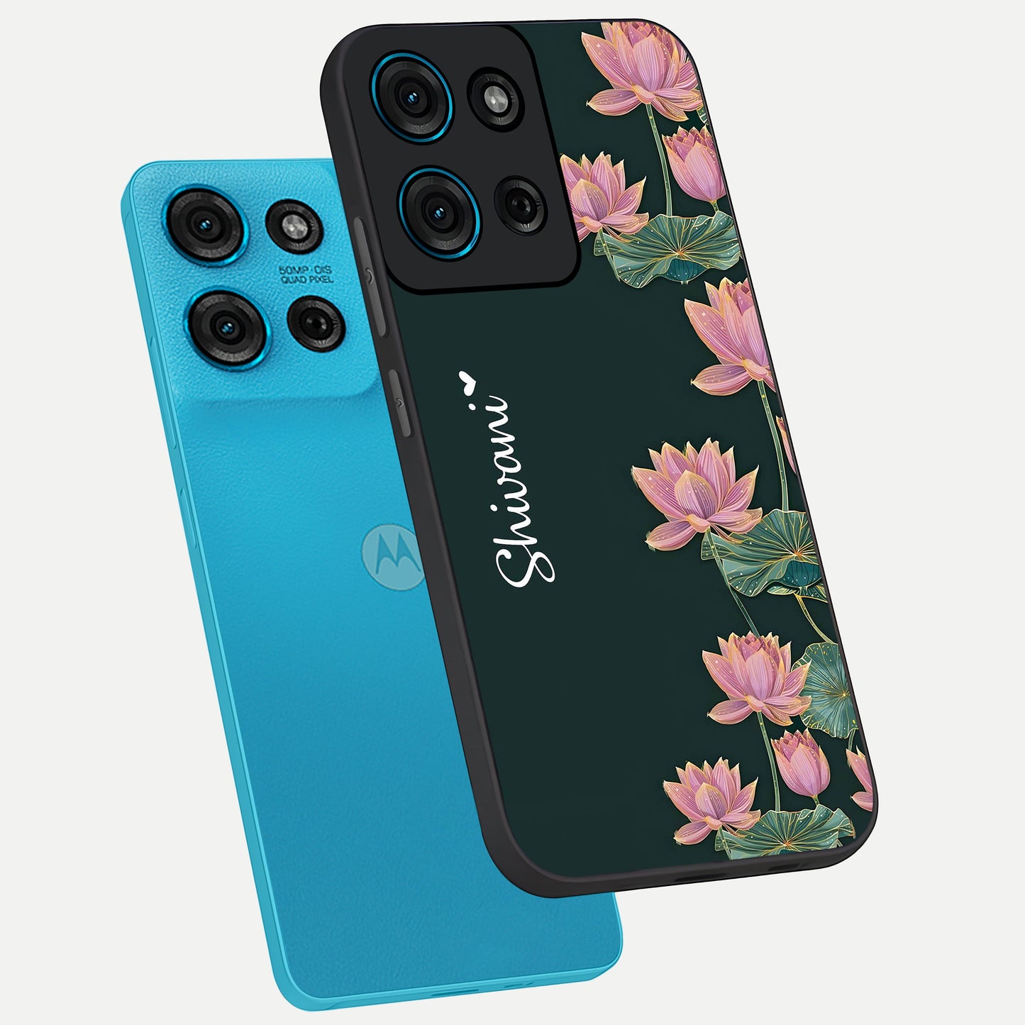 Lotus Bloom Serenity Custom Name Glass Case displayed in angled mockup highlighting graceful lotus illustration with custom name feature.