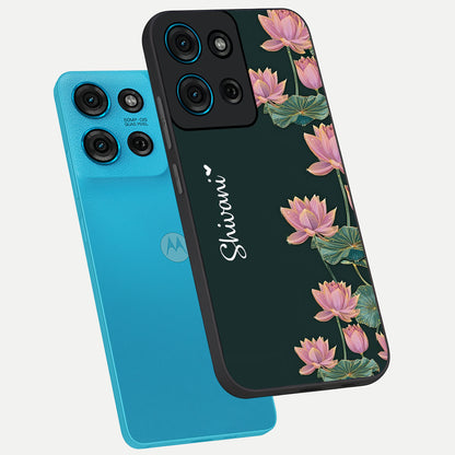 Lotus Bloom Serenity Custom Name Glass Case displayed in angled mockup highlighting graceful lotus illustration with custom name feature.