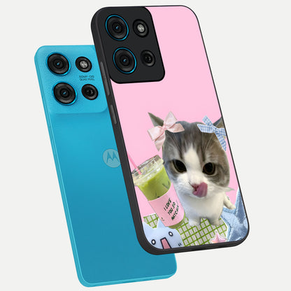 Love Matcha Cat Glass Case displayed in angled mockup highlighting playful feline illustration with cozy matcha aesthetic.