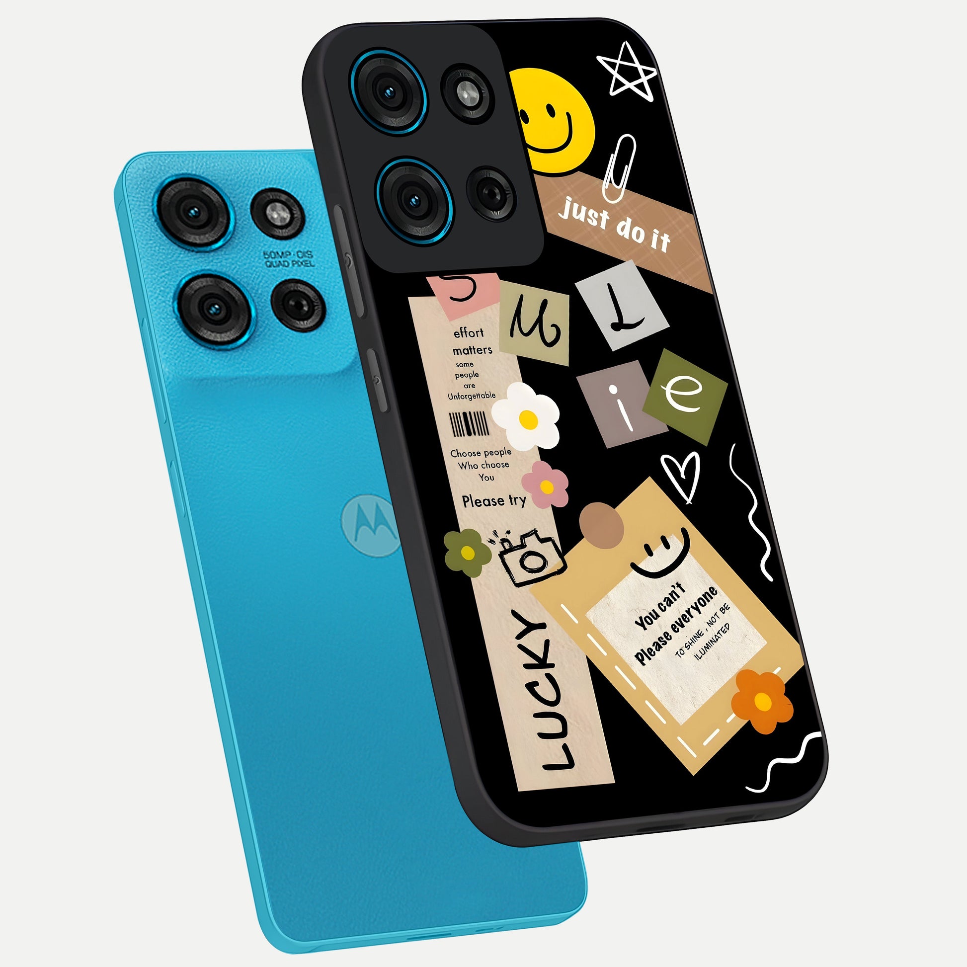 Lucky Aesthetic Collage Glass Case displayed in angled mockup highlighting stylish collage pattern with modern aesthetic vibe.