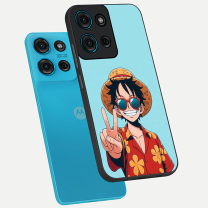 Luffy Summer Anime Vibe Glass Case displayed in angled mockup highlighting energetic anime illustration with summer vibe aesthetic.