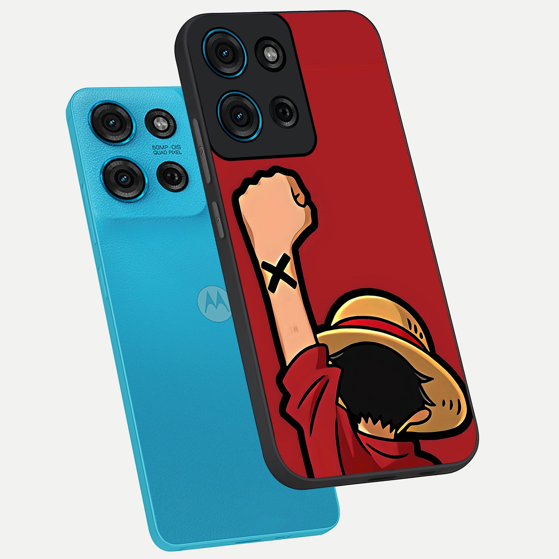 Luffy X Spirit Glass Case displayed in angled mockup highlighting powerful anime design with energetic action aesthetic.