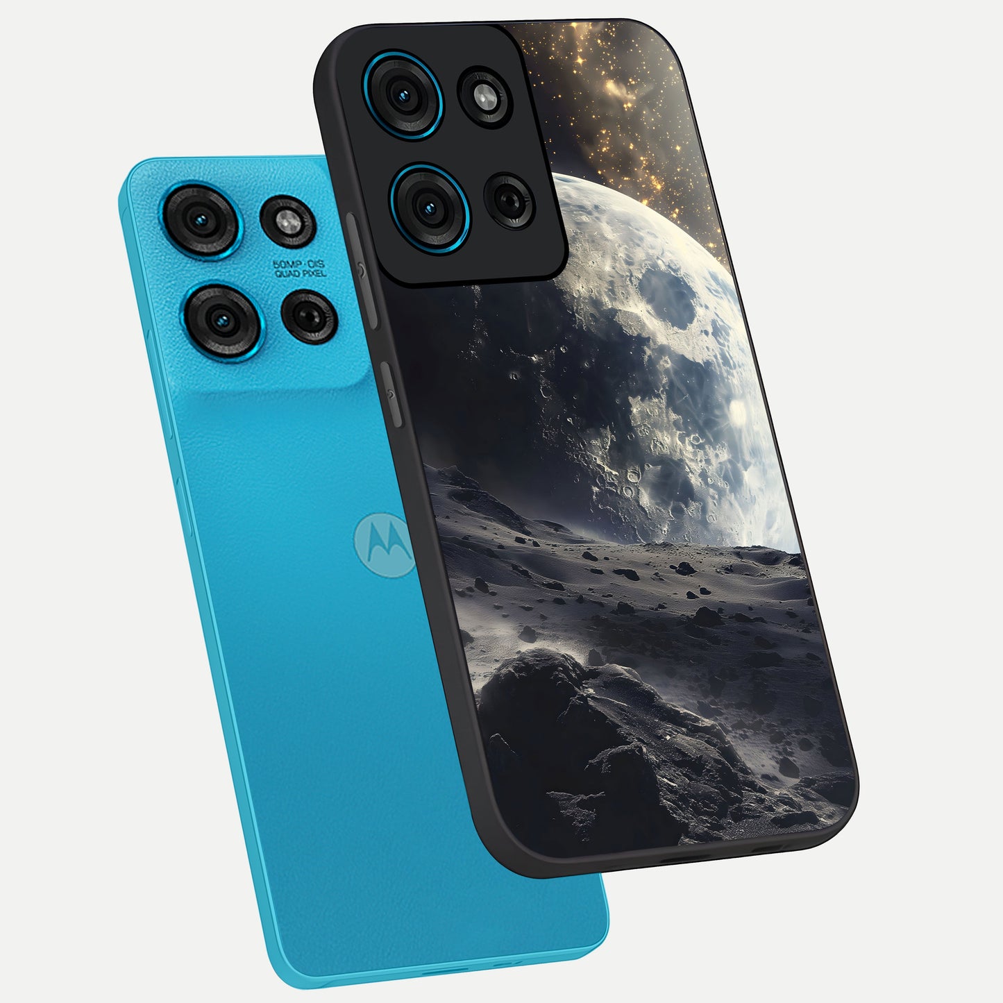Lunar Horizon Glow Glass Case displayed in angled mockup highlighting celestial moon design with dreamy night aesthetic.