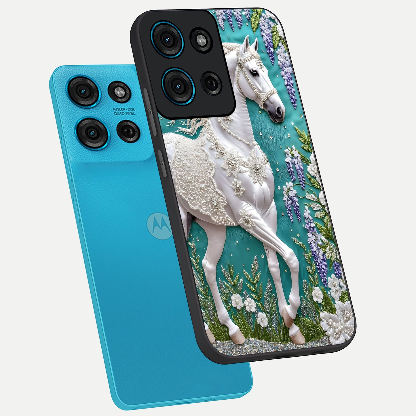 Majestic Floral Stallion Glass Case displayed in angled mockup highlighting majestic stallion illustration with elegant floral aesthetic.