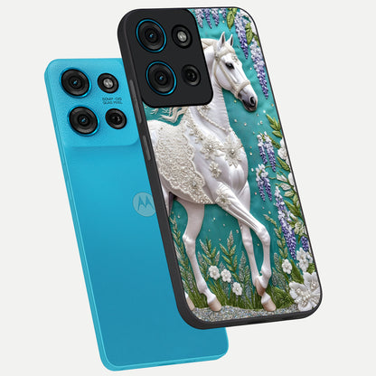 Majestic Floral Stallion Glass Case displayed in angled mockup highlighting majestic stallion illustration with elegant floral aesthetic.