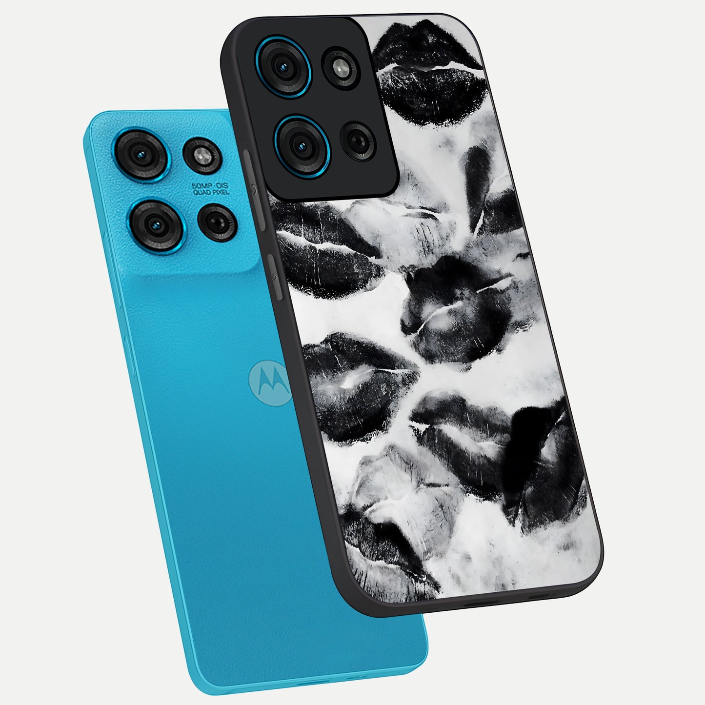 Midnight Kiss Marks Glass Case displayed in angled mockup highlighting playful romantic design with bold midnight aesthetic.