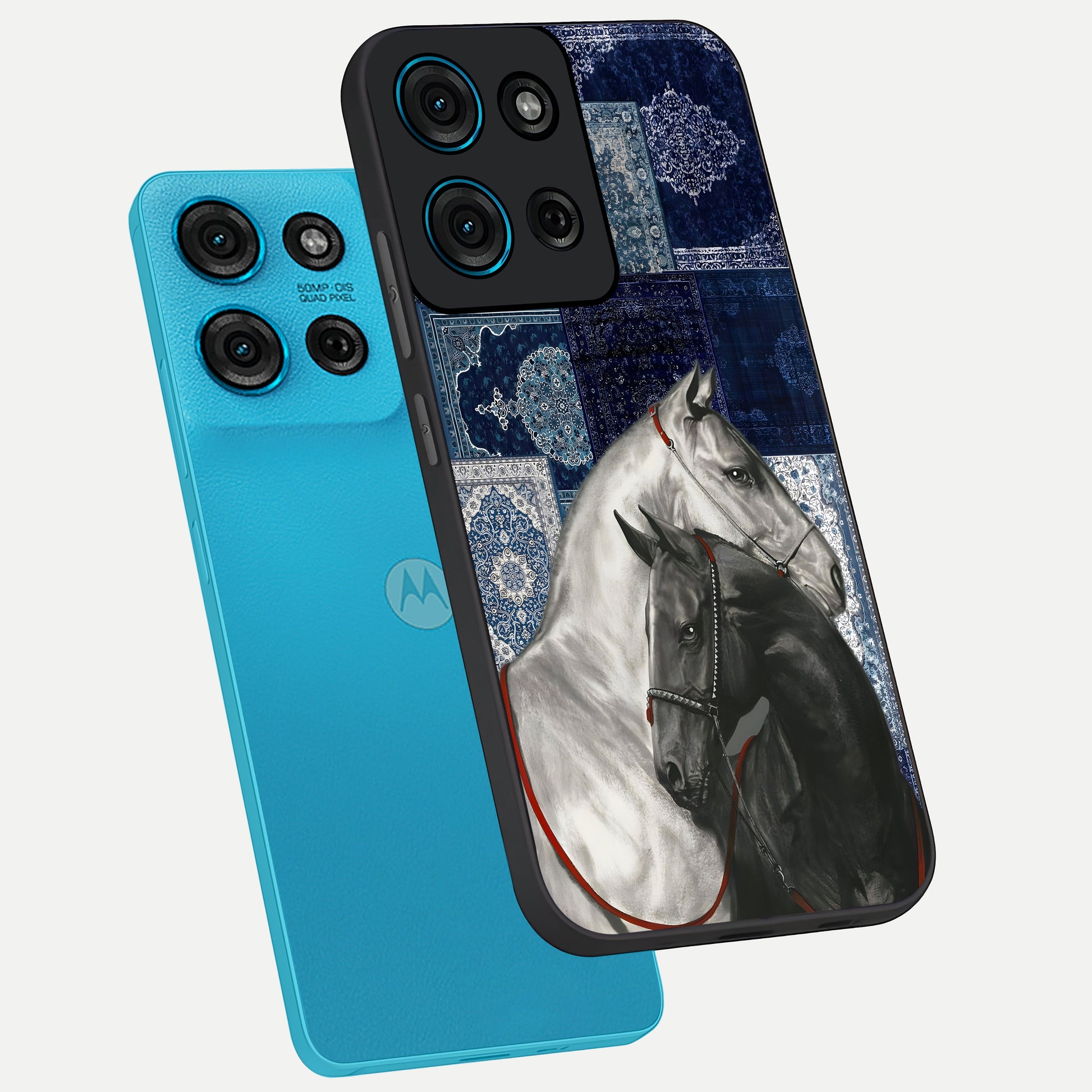 Midnight Stallion Blues Glass Case displayed in angled mockup highlighting powerful stallion illustration with deep midnight tones.