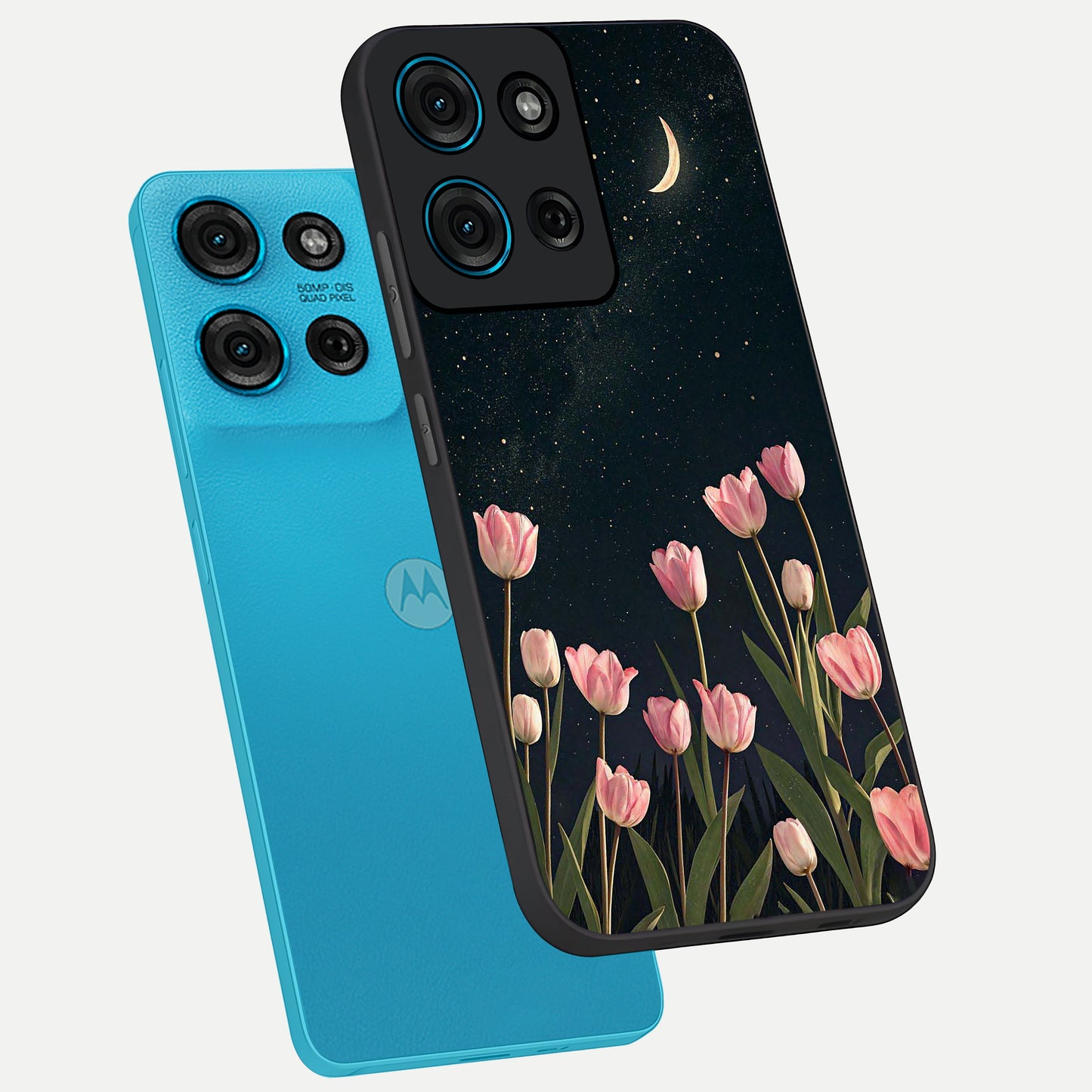 Midnight Tulip Whispers Vibe Glass Case displayed in angled mockup highlighting delicate tulip design with midnight floral aesthetic.