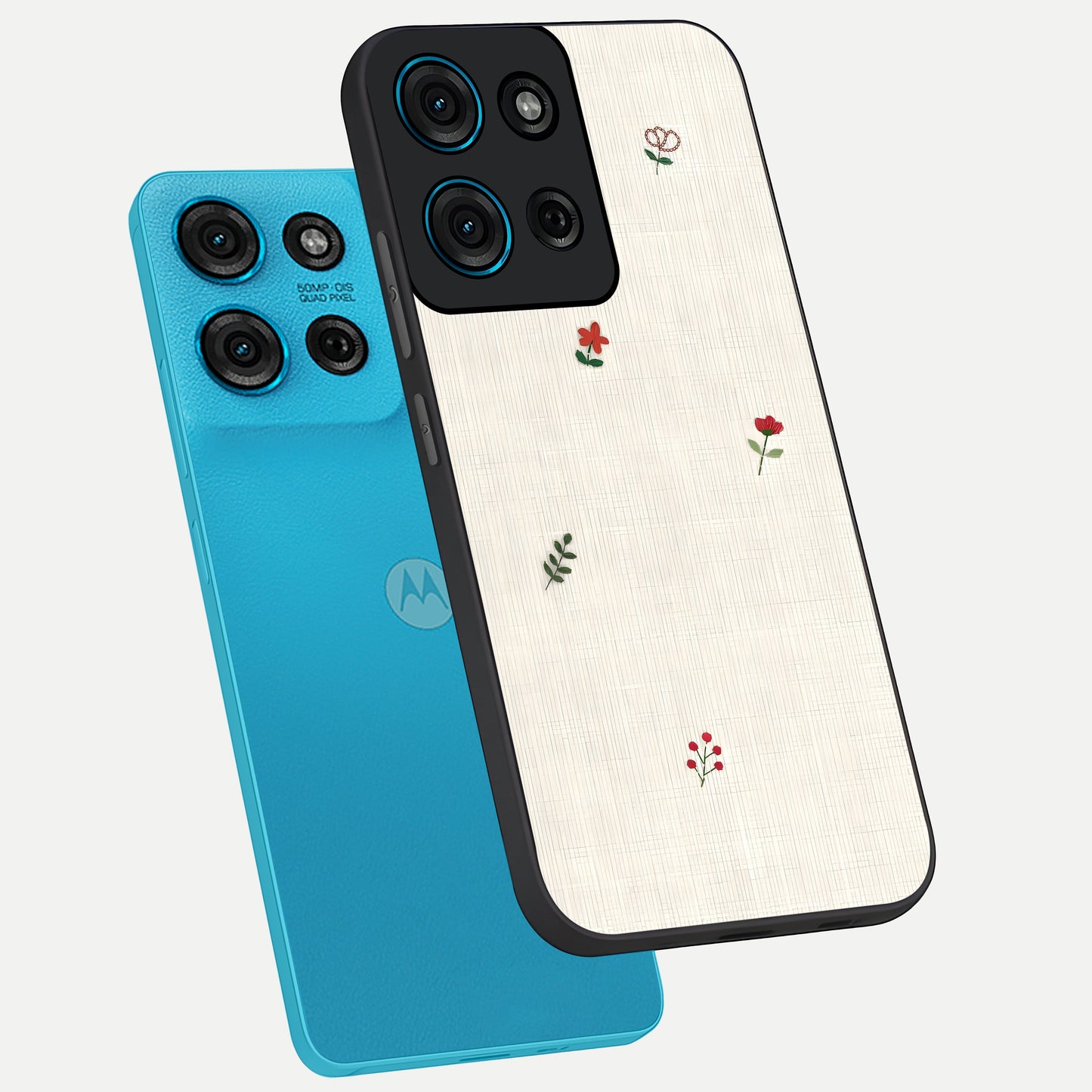 Minimalistic Blue With White Flower Pattern Glass Case displayed in angled mockup highlighting simple floral design with minimal aesthetic.