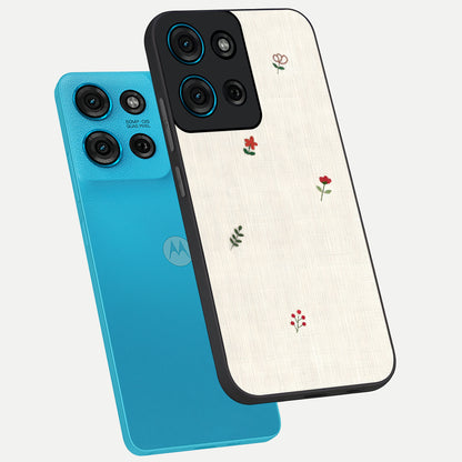 Minimalistic Blue With White Flower Pattern Glass Case displayed in angled mockup highlighting simple floral design with minimal aesthetic.