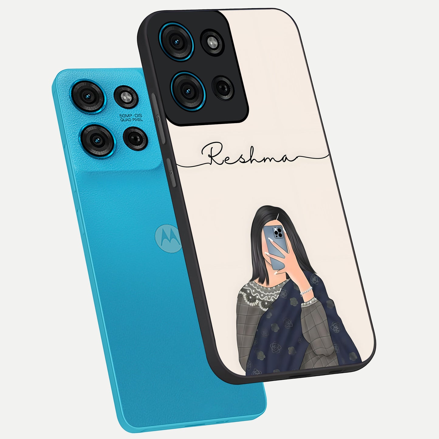 Mirror Mood Muse With Custom Name Glass Case displayed in angled mockup highlighting aesthetic mirror inspired design with custom name feature.