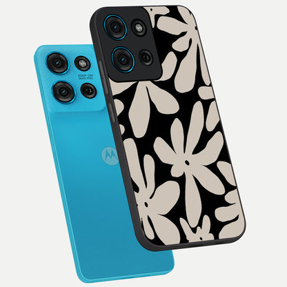 Monochrome Petal Dance Glass Case displayed in angled mockup highlighting elegant petal design with black and white aesthetic.