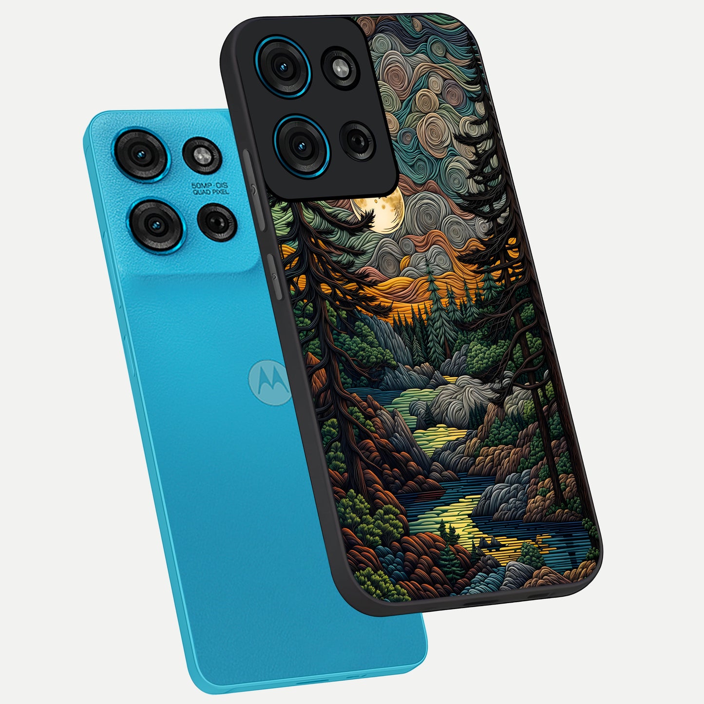 Moonlight Forest Dream Glass Case displayed in angled mockup highlighting dreamy forest design with glowing moon aesthetic.