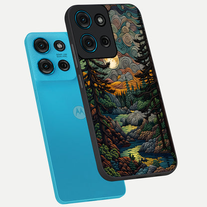 Moonlight Forest Dream Glass Case displayed in angled mockup highlighting dreamy forest design with glowing moon aesthetic.
