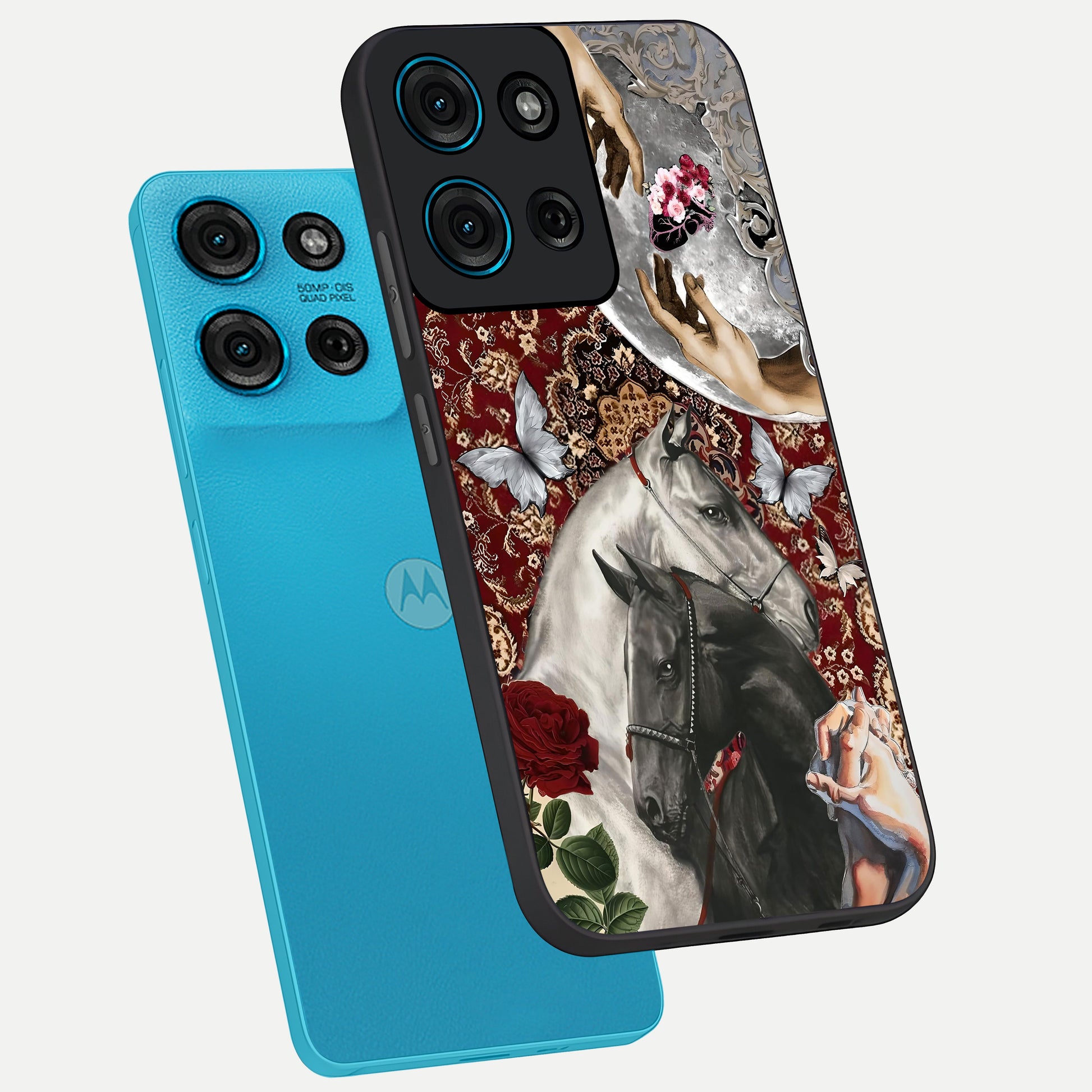 Moonlit Royal Stallion Glass Case displayed in angled mockup highlighting powerful stallion illustration with royal night aesthetic.