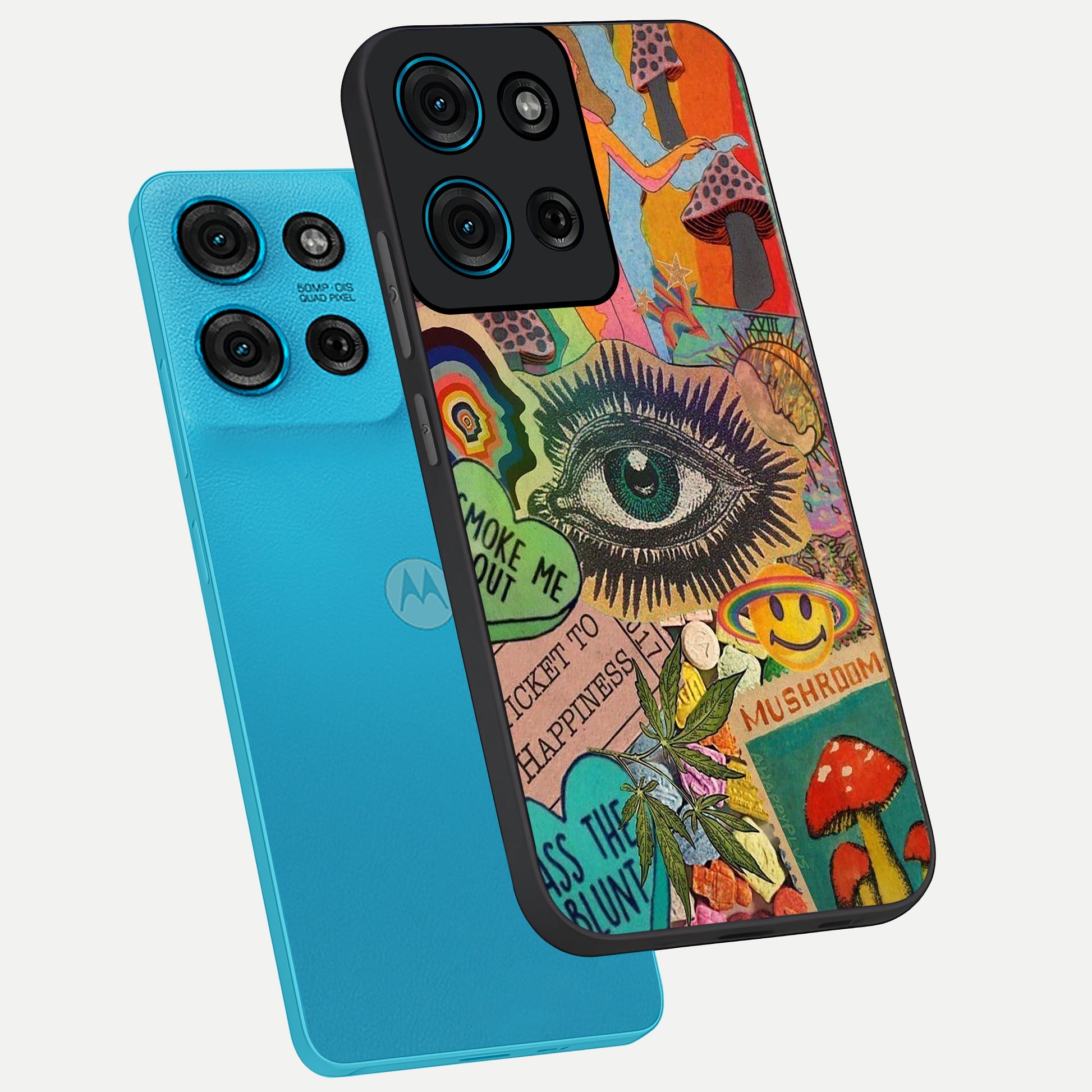 Mystic Eye Wonderland Glass Case displayed in angled mockup highlighting magical eye illustration with dreamy aesthetic.