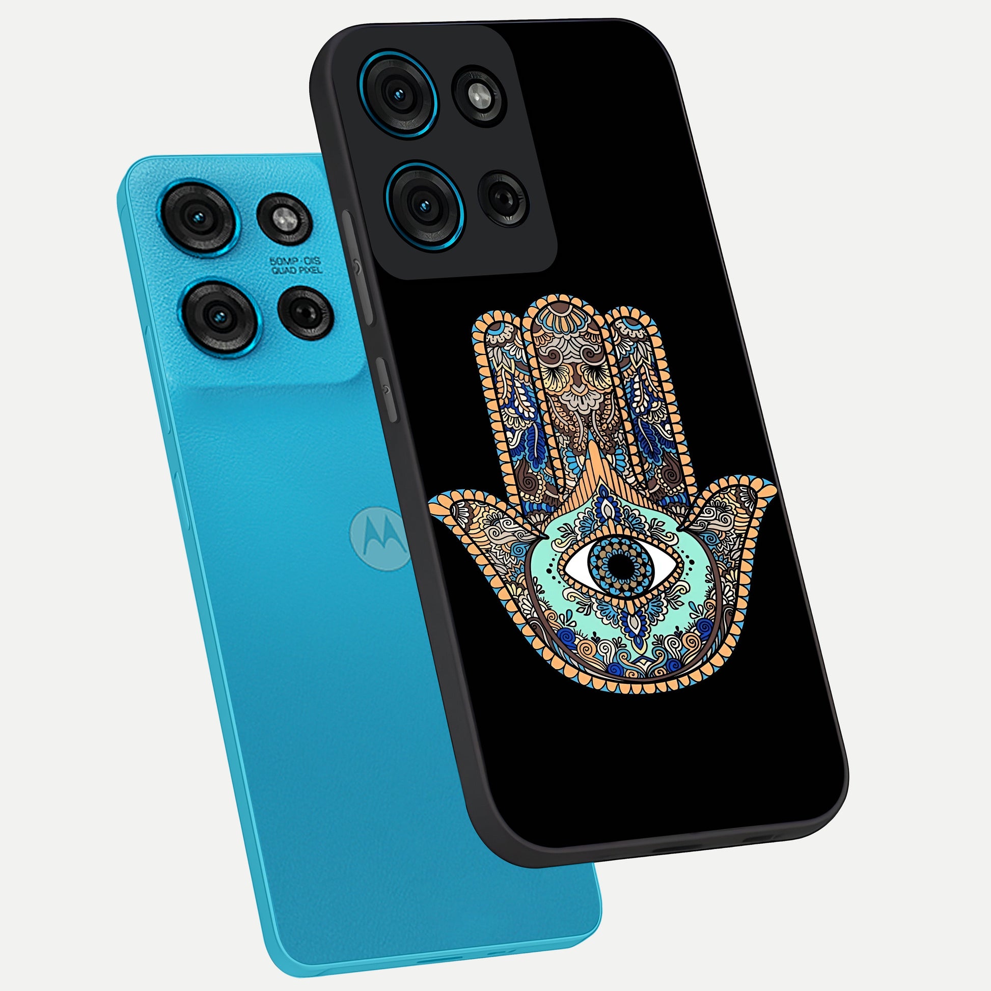 Mystic Hamsa Eye Glass Case displayed in angled mockup highlighting spiritual hamsa symbol with mystical aesthetic style.