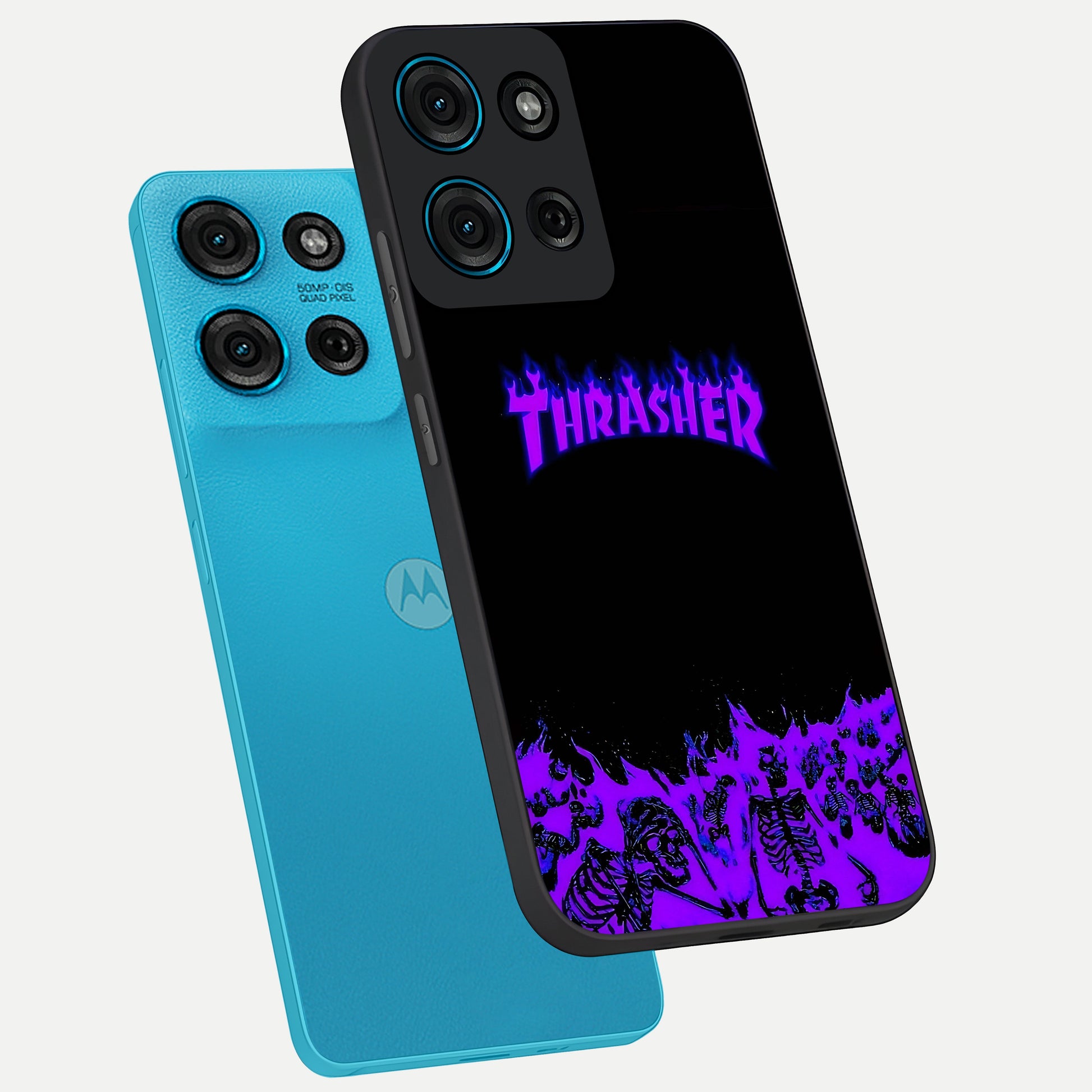 Neon Flame Riot Glass Case displayed in angled mockup highlighting glowing flame design with vibrant neon aesthetic.