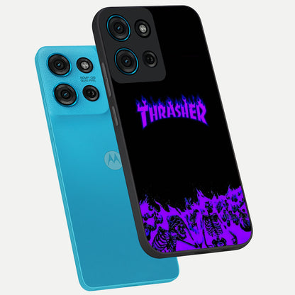 Neon Flame Riot Glass Case displayed in angled mockup highlighting glowing flame design with vibrant neon aesthetic.