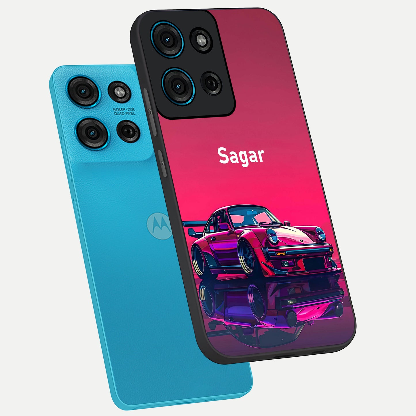 Neon Pink Porsche Glass Case displayed in angled mockup highlighting sleek neon pink car design with racing aesthetic.