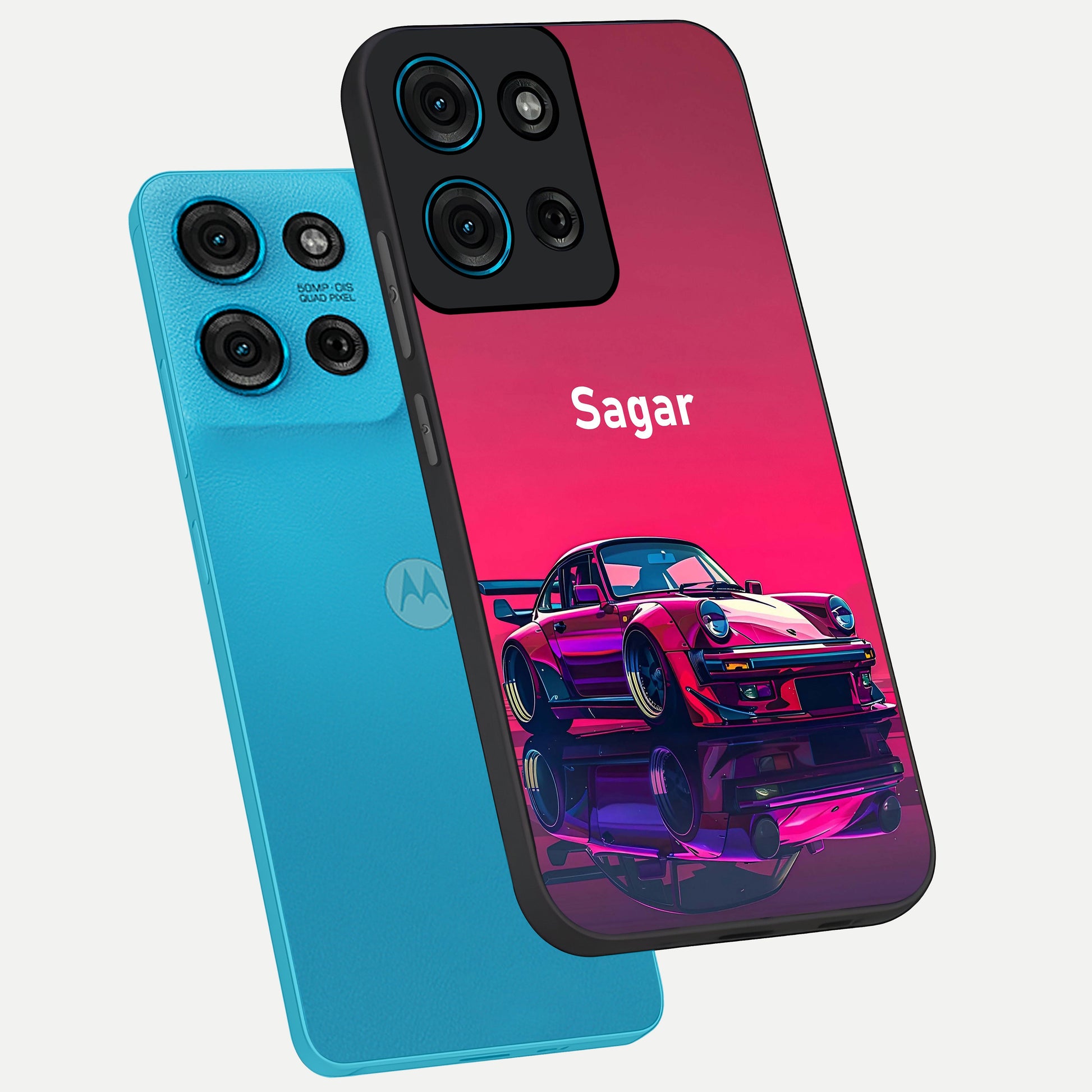 Neon Pink Porsche Glass Case displayed in angled mockup highlighting sleek neon pink car design with racing aesthetic.