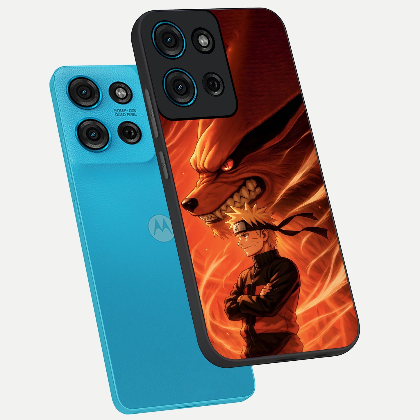 Nine Tails Legacy Glass Case displayed in angled mockup highlighting dynamic anime beast illustration with bold mystical aesthetic.