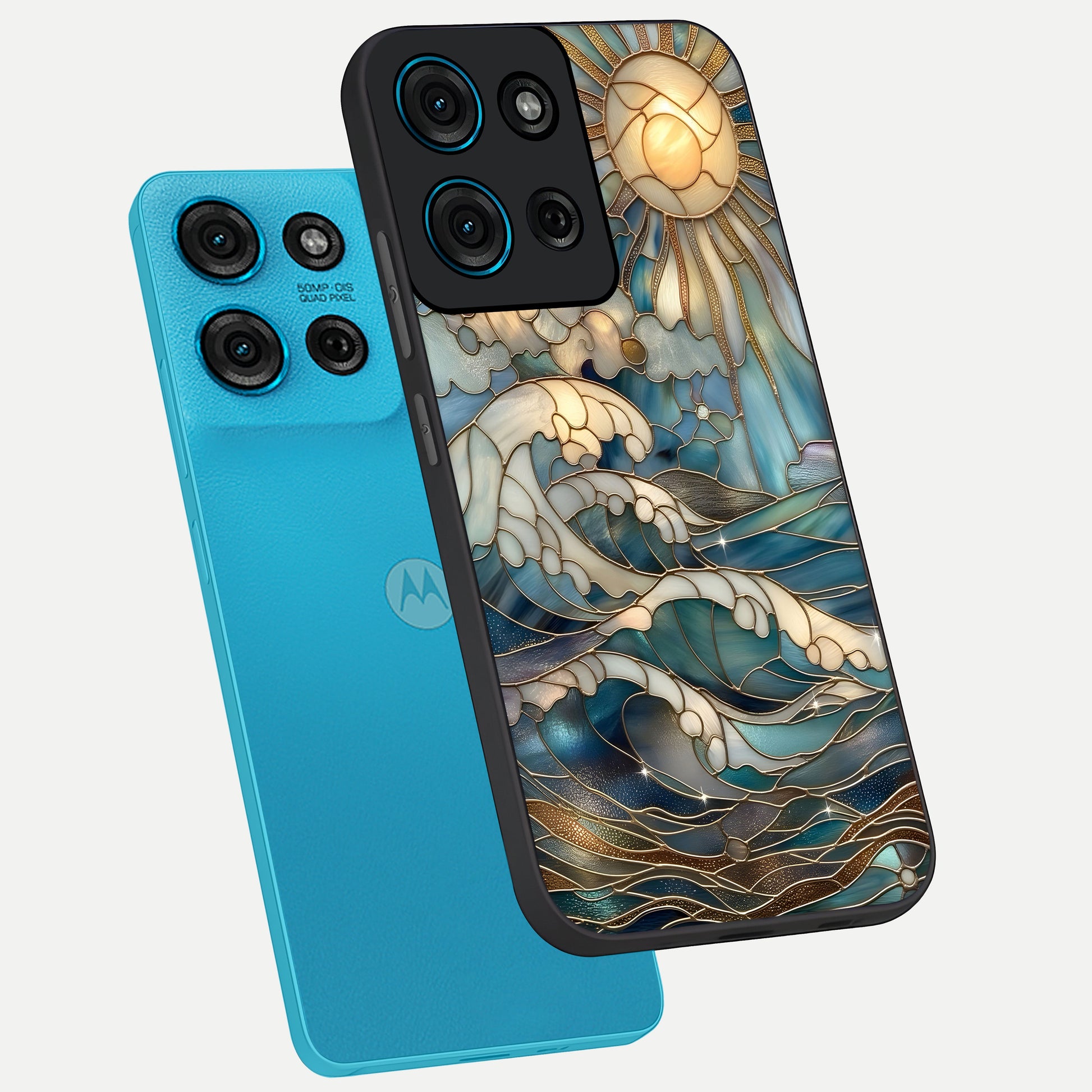 Oceanic Stained Printed Glass Case displayed in angled mockup highlighting colorful aquatic design with artistic aesthetic style.